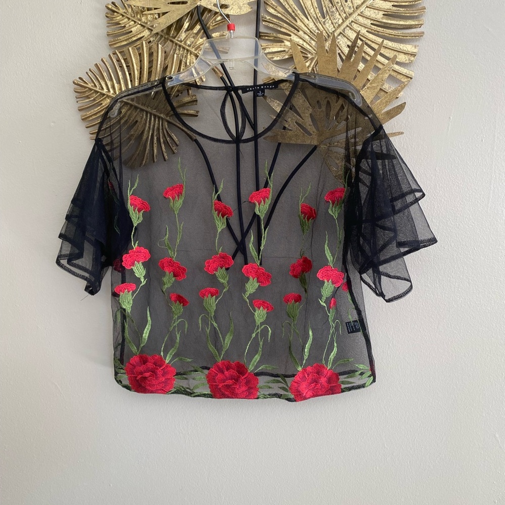 Haute Monde Black Sheer Top with Red Floral Embroidery